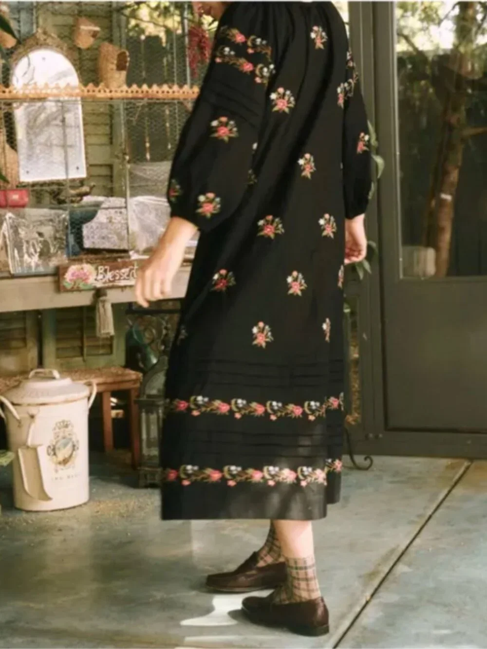 The GREAT Prairieland Floral Embroidered Midi Dress in Black - Picture 2 of 7